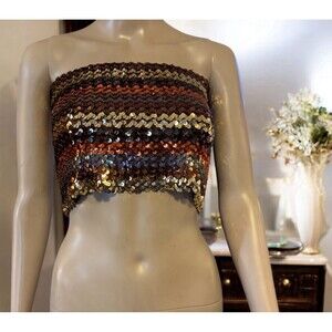 VTG 70s Toppettes By A. Brod Sequins Striped Silver Black Rainbow Disco Tube Top